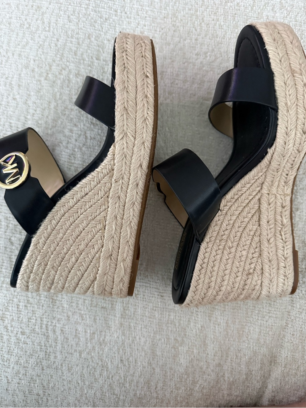 MICHAEL Michael Kors Black Leather Espadrille Wedges with Gold MK Accent - Picture 6 of 7